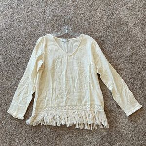 Cream long sleeve crinkle top with fringe detail